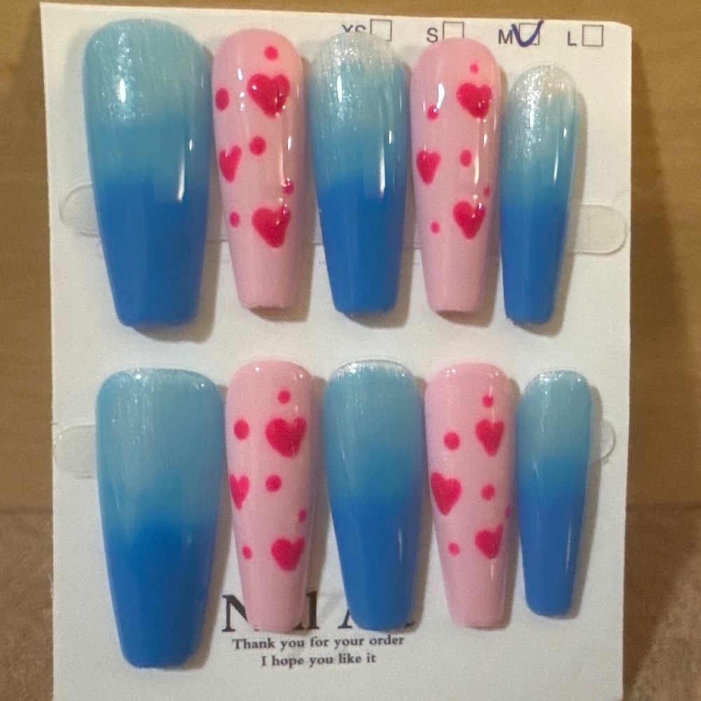 Blue Ombre and Pink Heart Coffin Press On Nails Size Medium Long  Manicure